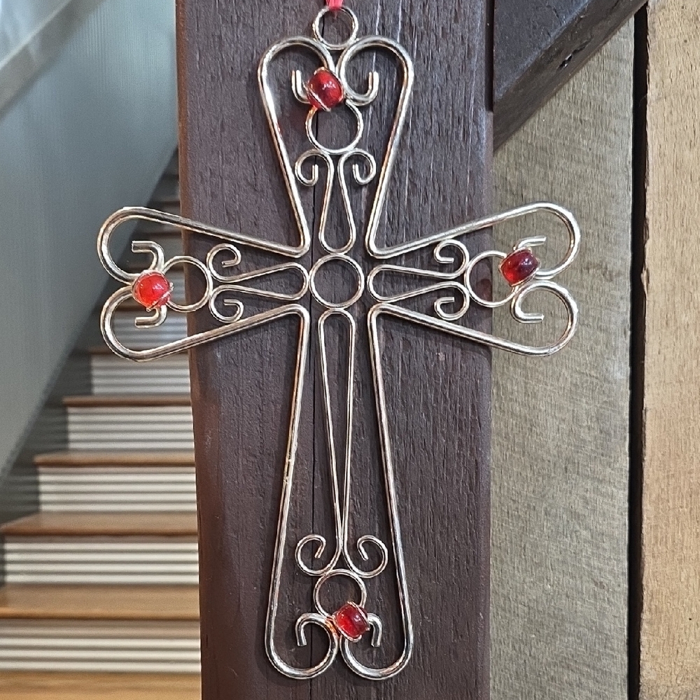 Decorative Silver Wire Cross with Red Accents